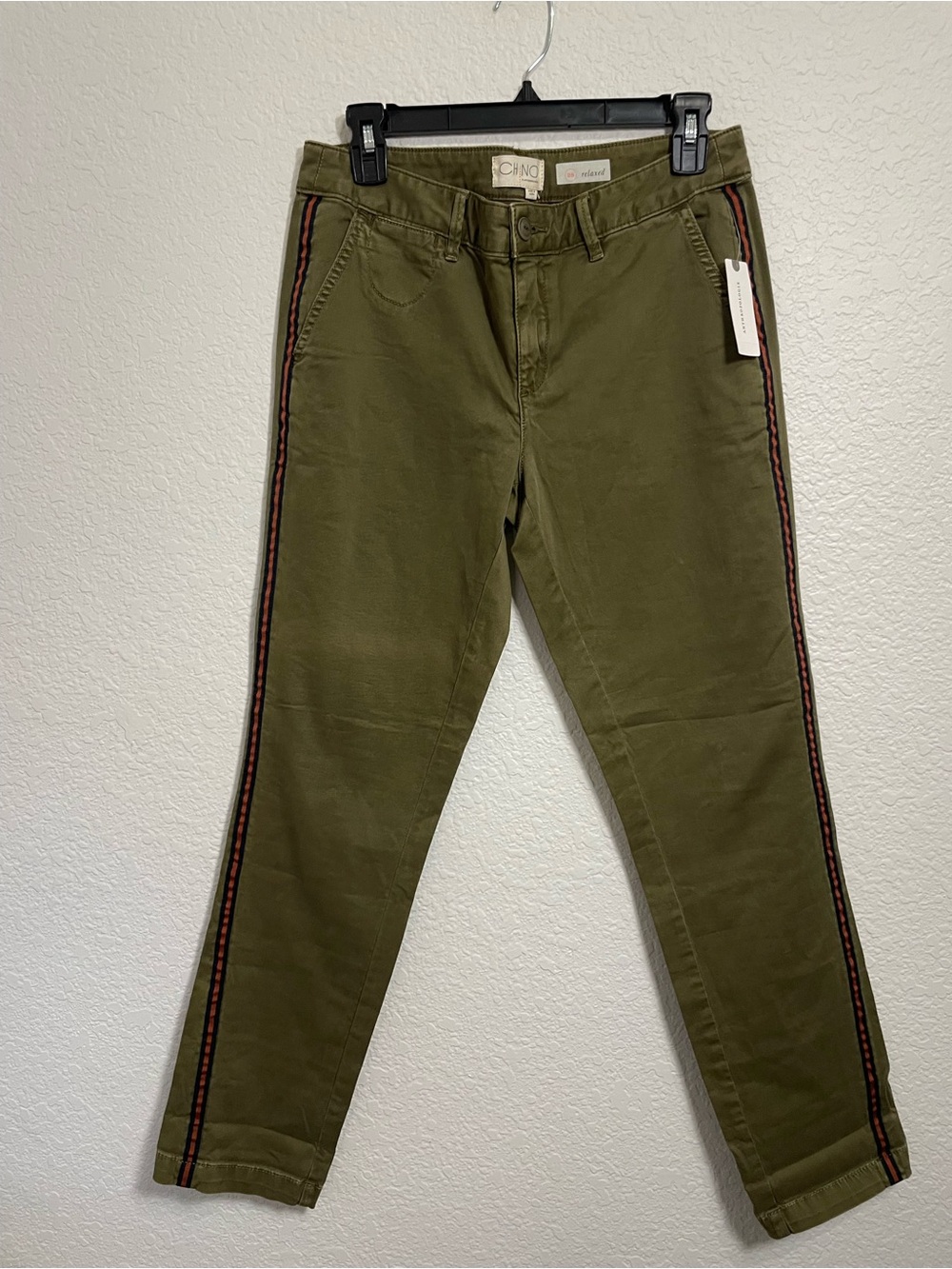 NWT Anthropologie CHINO Olive Side Stripe Relaxed Pants 28